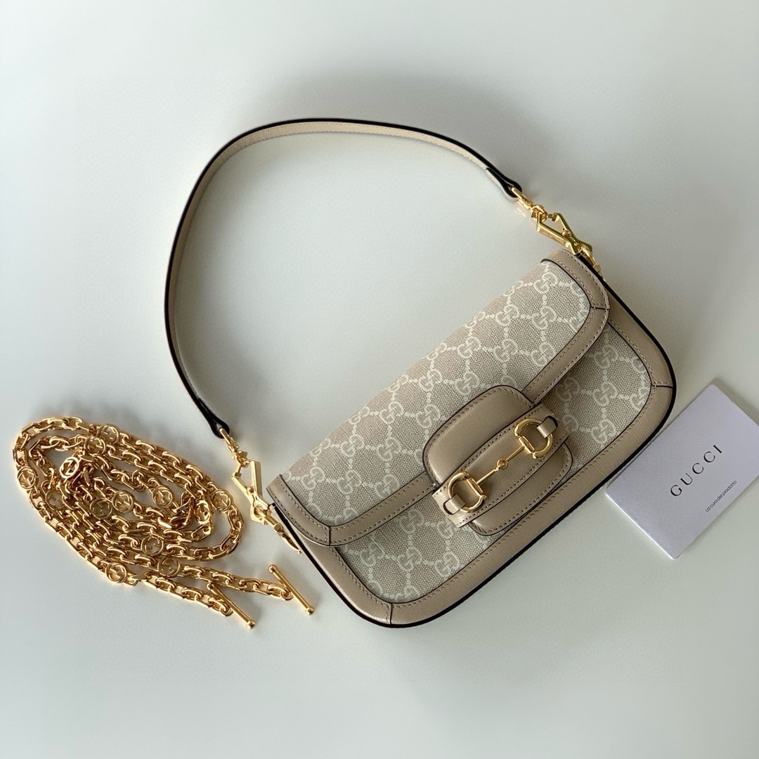 Gucci Horsebit 1955 Series Shoulder Bag Clutch Bag Beige and White